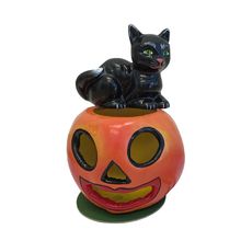 402-20 - Schaller Paper Mache Candy Container - Cat on Pumpkin - 4.5"H x 2.87...