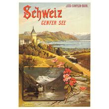Schweiz Genferr See Jura Simplon Bahn Railway Swiss Poster Postcard