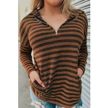 Brown Striped Knit Quarter Zip Hoodie