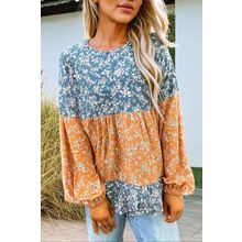 Orange Floral Color Block Ruffled Hem Round Neck Blouse