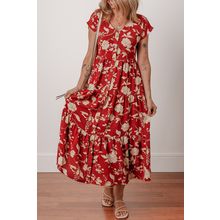 Red Floral Print Buttoned Front V Neck Tiered Short Sleeve Midi Dress