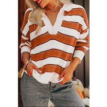 Brown Stripe Ribbed Polo Collar Drop Shoulder Sweater
