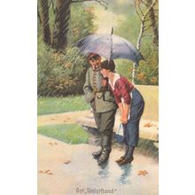 German WW1 War Soldier Shelter Lady Under His Umbrella Old Postcard