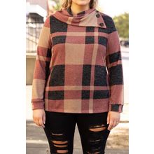 Mineral Red Plus Size Plaid Print Button Decor Asymmetric Neck Top