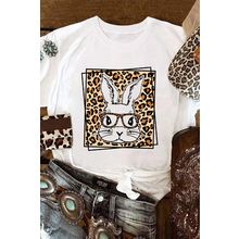 White Leopard Cute Bunny Graphic Crewneck Easter Tee