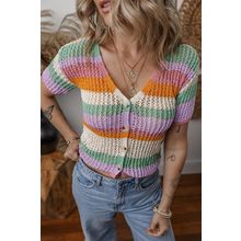 Orange Colorblock Striped Pointelle Knit V Neck Buttoned Crop Short Sleeve Sweat