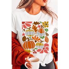 White Pumpkin Flower Print Fall Graphic Cotton Blend Tee