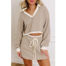 Parchment Raw Edge Detail Colorblock Patchwork Cropped Pullover Drawstring Skirt