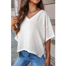 White V Neck Knitted Flowy Blouse