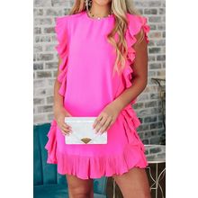 Bright Pink Solid Ruffled Edge Keyhole Back Mini Dress