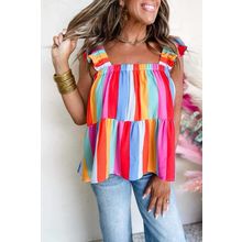 Red Stripe Ruffled Straps Babydoll Tank Top