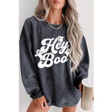 Gray Corded Hey Boo Ghost Graphic Drop Shoulder Halloween Sweatshirt