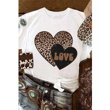 White Leopard LOVE Double Heart Printed Valentines Graphic Tee