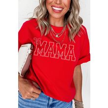 Red Rhinestone MAMA Bow Knot Pattern Crew Neck Loose Tee