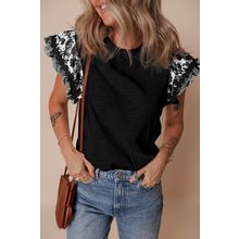 Black Ricrac Trim Printed Flutter Sleeve Contrast Patchwork Blouse