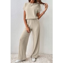 Oatmeal Ribbed Keyhole Short Sleeve Wide Leg Jumpsuit