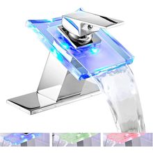 Bathroom Sink Faucet LED Light 3 Colors Changing Waterfall Glass Spout Hot Cold
