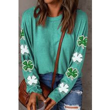 Green Sequined St Patrick Clover Patched Long Sleeve Top