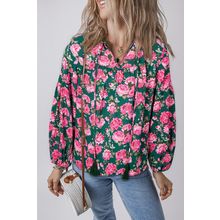 Green Floral Printed Tied Collar Puff Sleeve Blouse