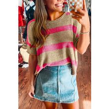 Pink Stripe Colorblock Short Sleeve Crew Neck Lightweight Sweater