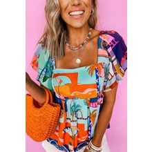 Sky Blue Tropical Printed Square Neck Flutter Sleeve Babydoll Blouse