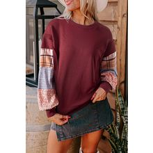 Red Sandalwood Plaid Colorblock Patchwork Sleeve Raw Seam Sweatshirt