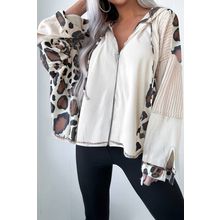 Apricot Oversized Leopard Contrast Mixed Texture Patchwork Zip Up Drop Shoulder