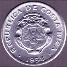 1958 Costa Rica 10 Centimos Coin