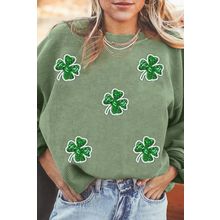 Grass Green Ribbed Four Leaf Clover Graphic St. Patricks Pullover Sweatshirt