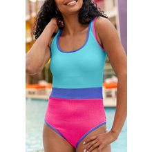 Rose Red Textured Color Block Patchwork One Piece Swimsuit