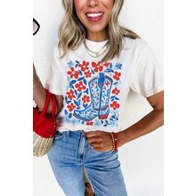 White Floral Western Boots Printed Cotton Blend T Shirt