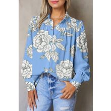 Sky Blue Floral Print Button Up Pleated Detail Puff Sleeve Shirt