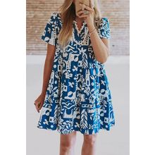 Blue Ricrac Trim Split Neck Floral Loose Dress