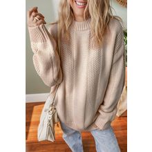 Pale Khaki Solid Color Cable Knit Ribbed Loose Sweater
