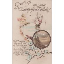 Happy 21st Birthday Ship Shepherd Sheep Antique Postcard