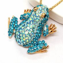 Fashion Women Blue Rhinestone Cute Frog Crystal Pendant Sweater Necklace