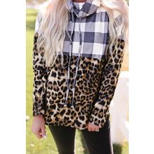 Leopard Leopard Plaid Patchwork Cowl Neck Sweatshirt