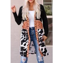 Black Western Pattern Cow Patchwork Open Front Cardigan