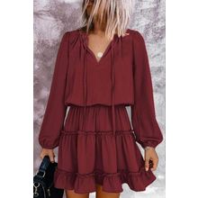 Wine V Neck Long Sleeve Ruffle Tiered Mini Dress