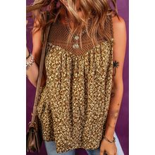 Brown Eyelet Knit Yoke Patchwork Printed Flowy Fit Tank Top