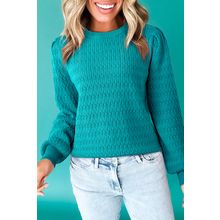 Sea Green Trendy Pattern Knit Ribbed Cuffs Crew Neck Sweater