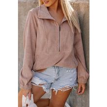 Apricot Ribbed Texture Half Zip Collared Sweatshirt