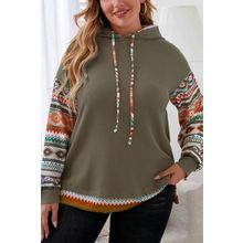 Jungle Green Aztec Patchwork Sleeve Waffle Drawstring Plus Hoodie