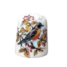 Decorative Thimble - Fenton China - American Robin and Red Headed Woodpeker .
