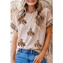 Jet Stream Sequin Rodeo Patch Twisted Rib Colorblock Leopard Trim T Shirt