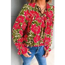 Red Floral Print Lace up V Neck Flounce Sleeve Blouse