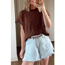 Dark Brown Cable Texture Crew Neck Short Sleeve Sweater Top