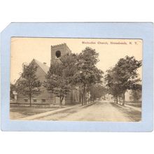 New York Horseheads The Methodist Church Street Scene w/Horse & Wagon ny_b~959