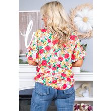 Red Floral Print Ruffled Short Sleeve V Neck Blouse