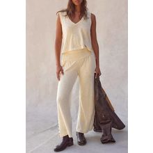 Beige Solid Color Tank Top and Smocked Waist Pants Set